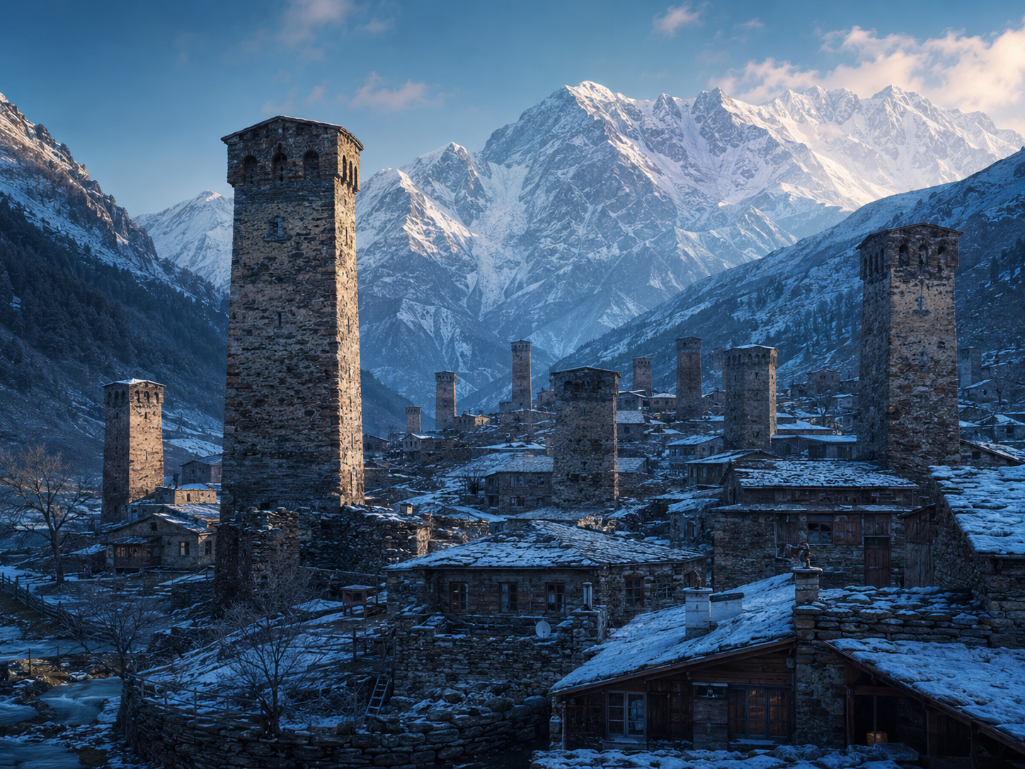 Ushguli au matin, tours svanes et montagnes enneigées