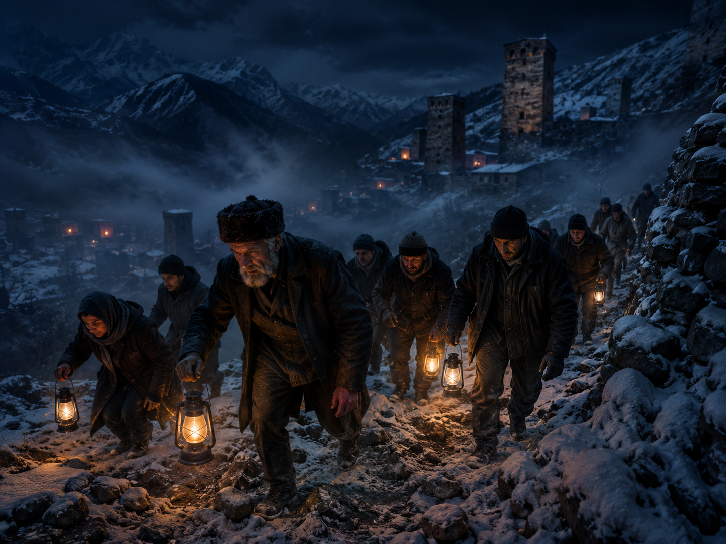 Villageois cherchant dans la neige avec des lampes