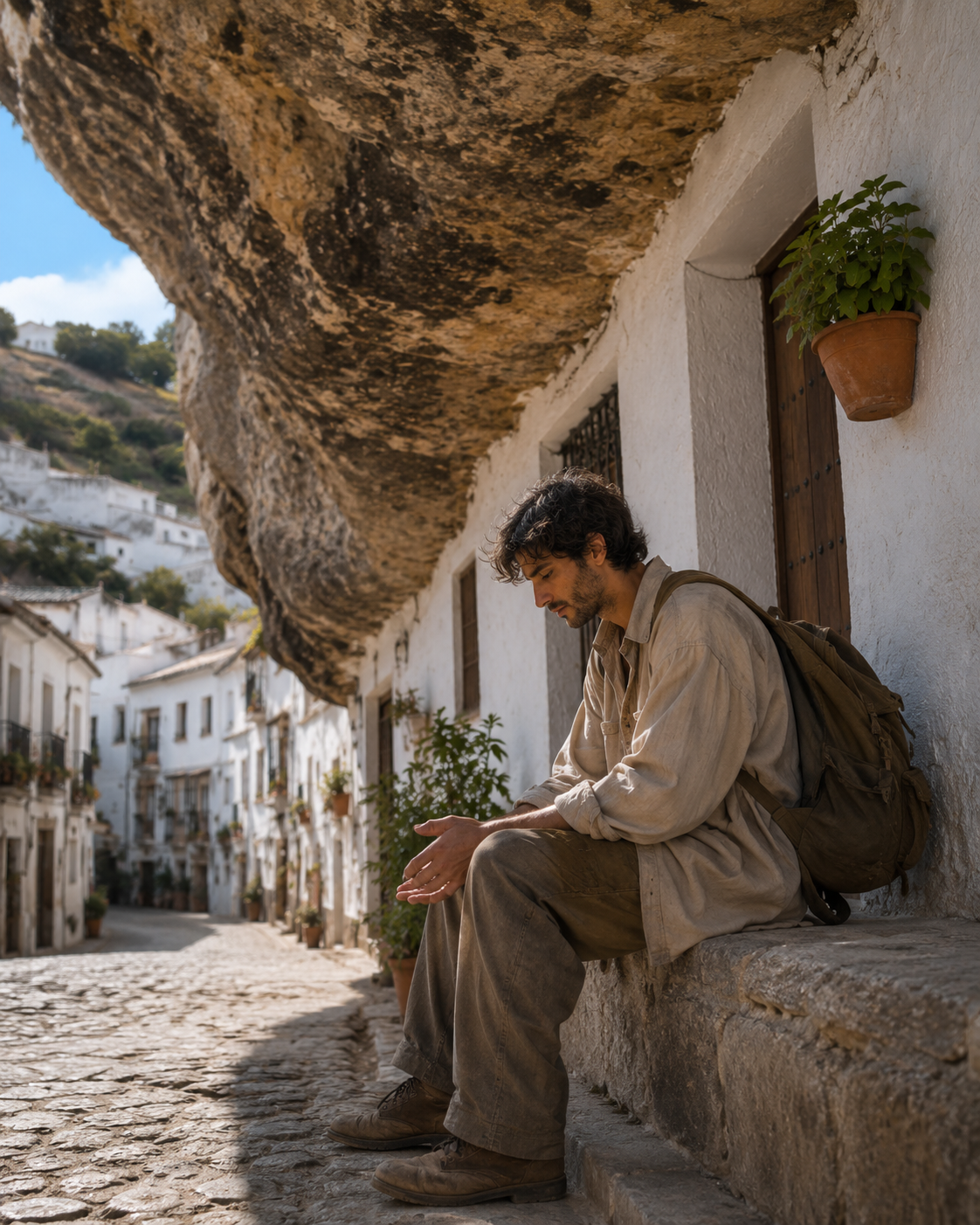 Ismaël assis sous la roche, cherchant un endroit qui tient