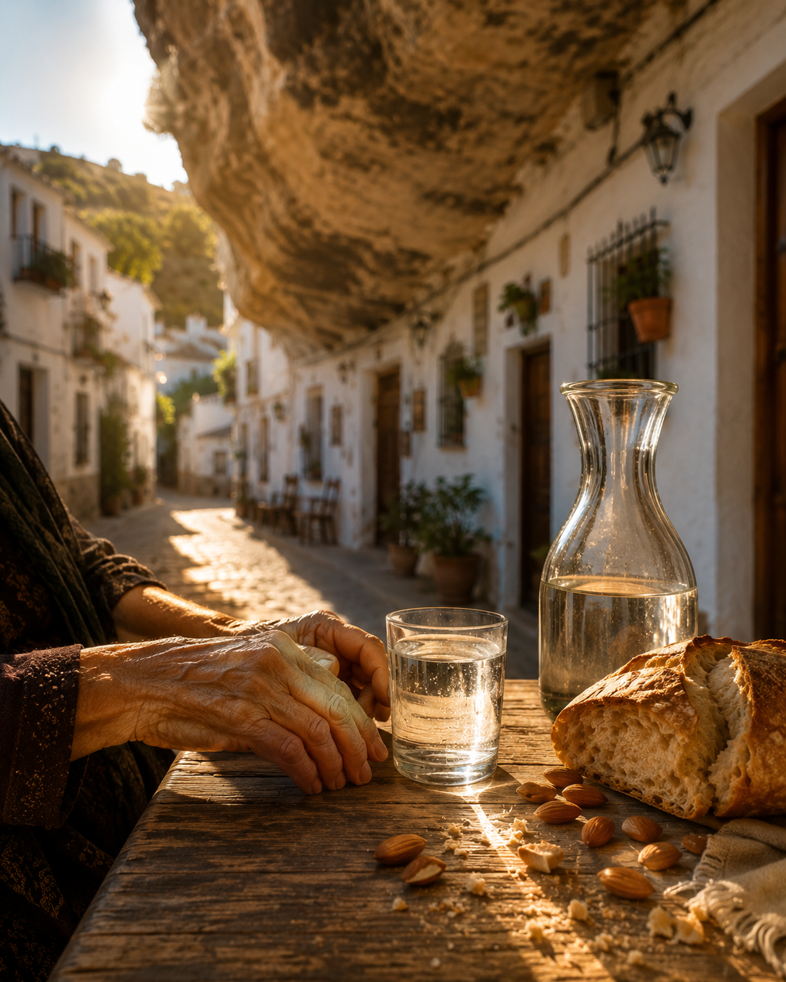 Un rayon chaud posé sur le verre, le pain et les mains d’Amalia
