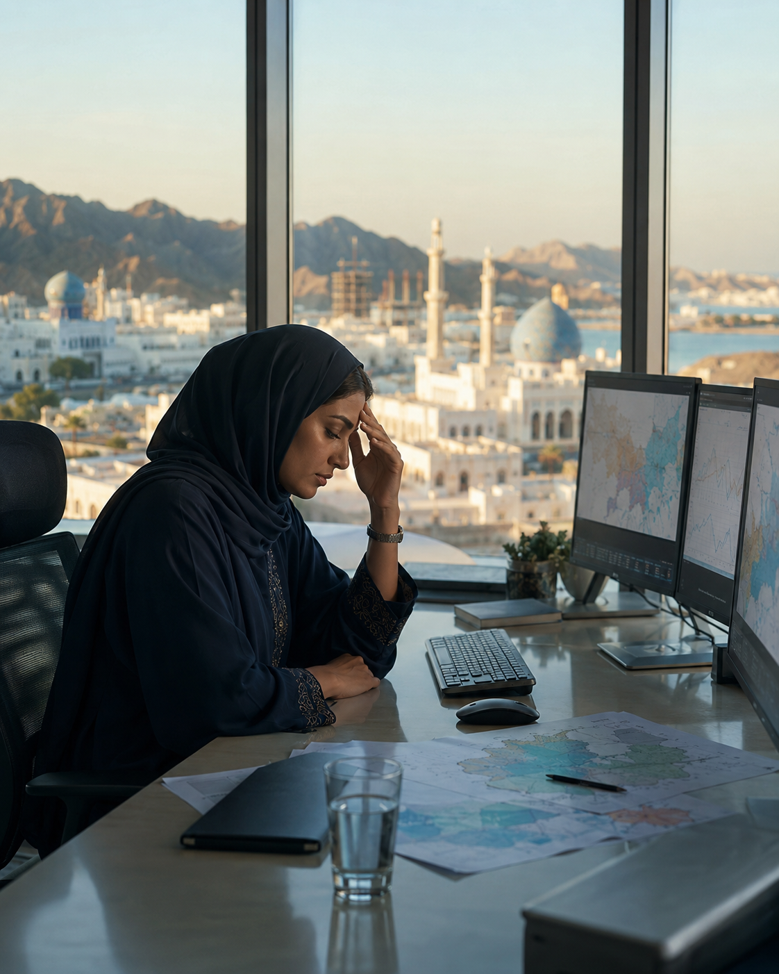 Samira seule devant ses cartes d eau à Muscat