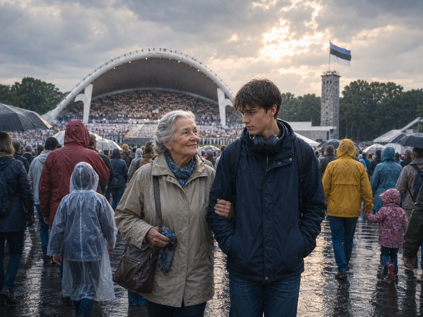Maarja et Rasmus arrivent dans la foule sous la pluie