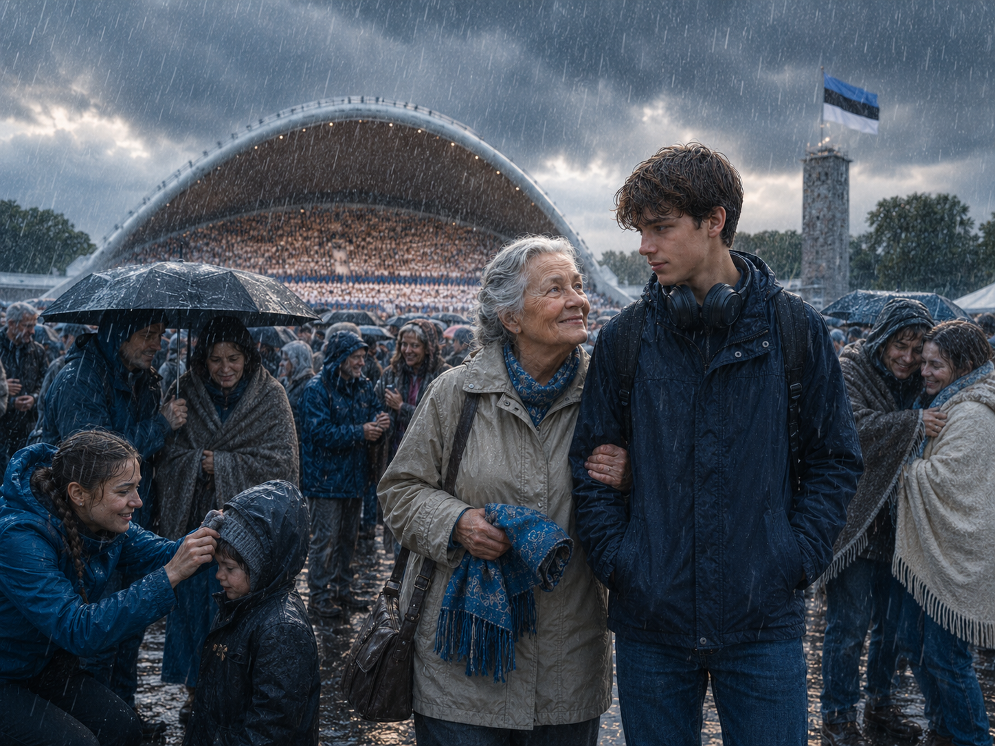 La pluie rapproche la foule dans un moment de solidarité
