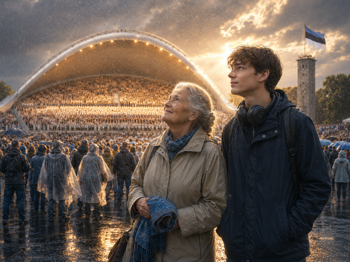 Lumière dorée sur l’arc et la pluie