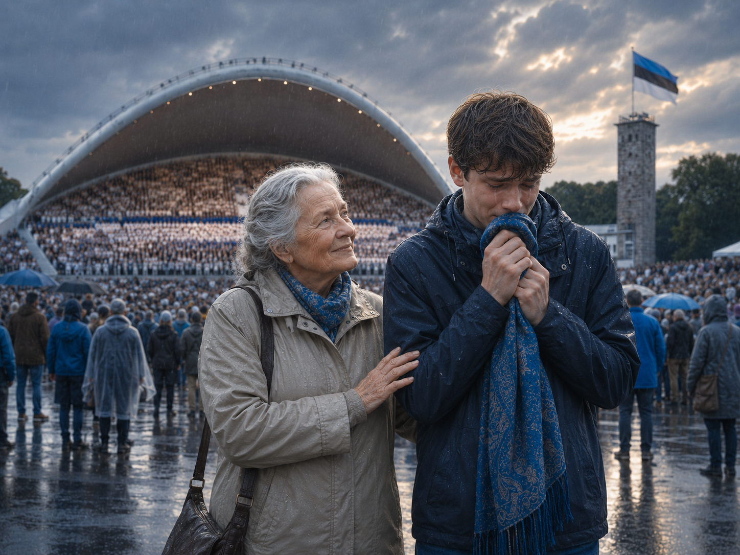 Rasmus consolé par Maarja dans la pluie