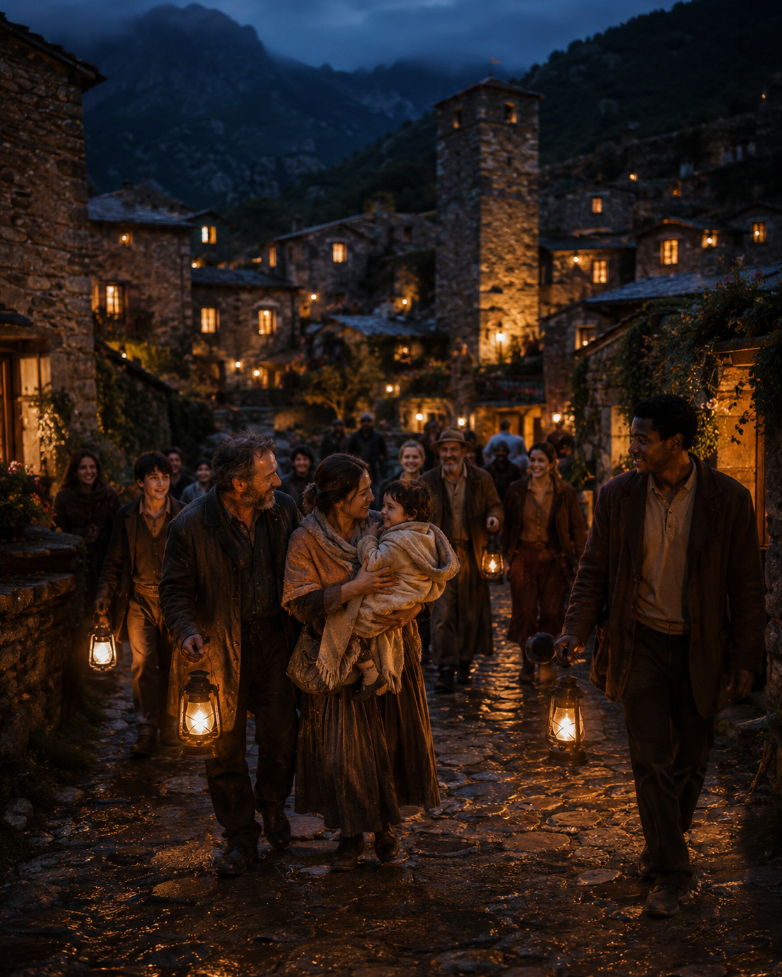 Le retour au village dans la lumière des lampes
