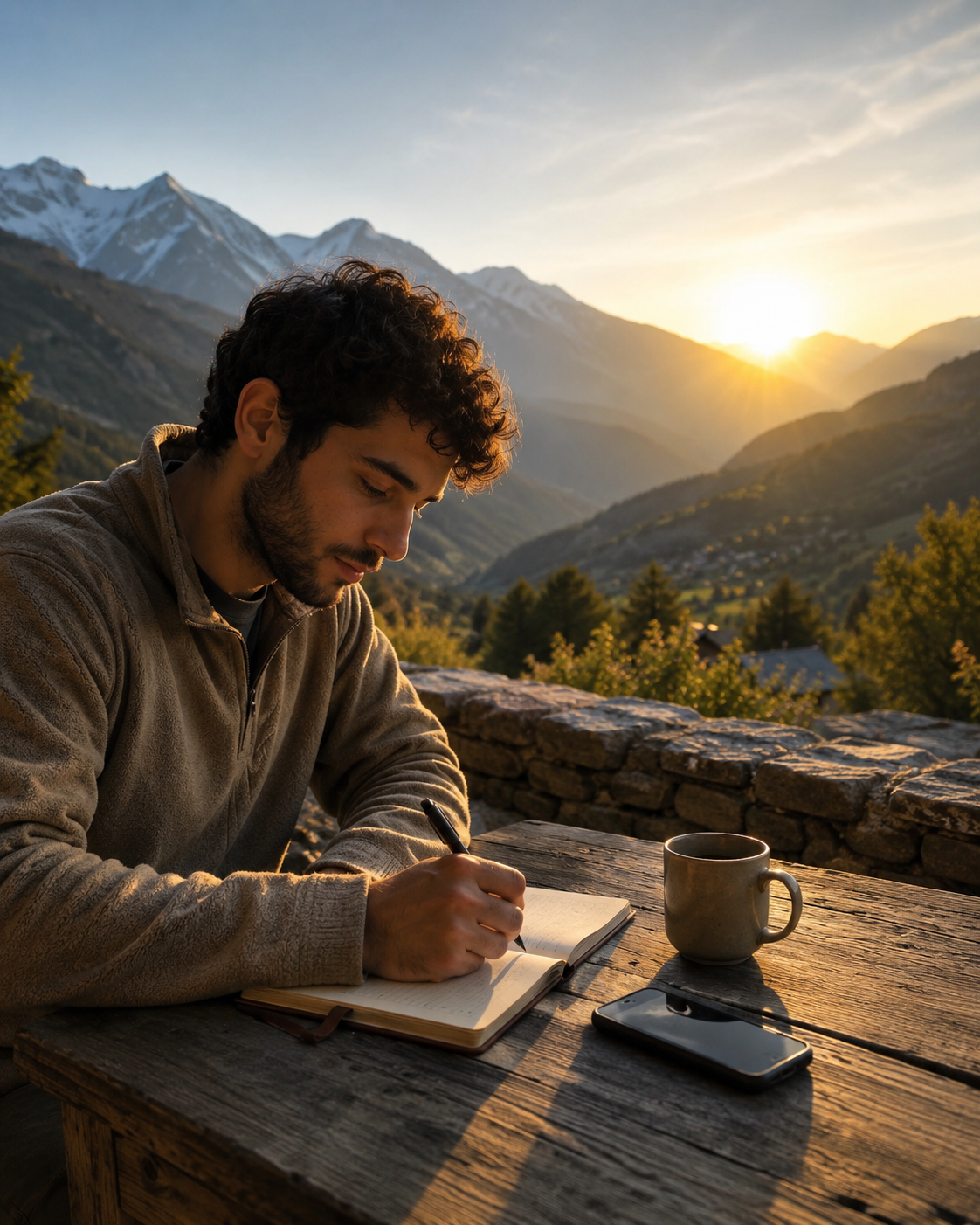 Malik écrit dans son carnet au matin